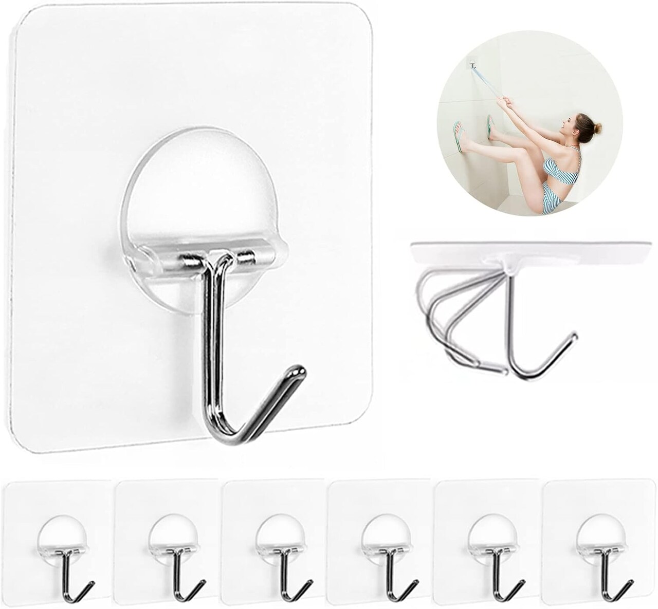 Adhesive Wall Hooks 8 Pack – Heavy Duty Transparent Hooks for Towel, Coat, Keys, Kitchen, Bathroom & Outdoor Use, Waterproof, No-Drill Installation (Silver, Clear)